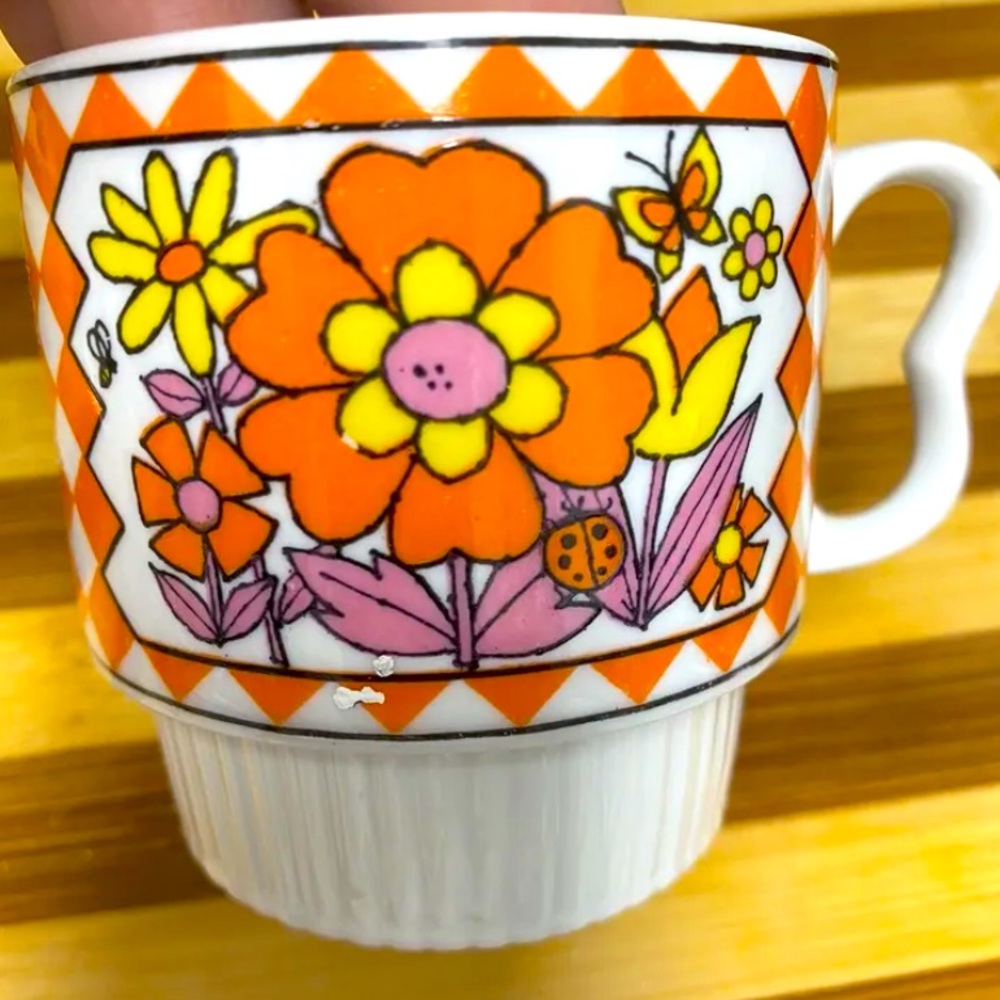 RETRO vintage Orange Pink White floral small coffee cup JAPAN Porcelain
